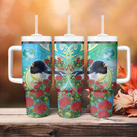 New Zealand Tomtit Tumbler With Handle Maori Koru With Pohutukawa Galaxy Style - Polynesian Pride