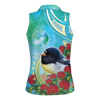New Zealand Tomtit Women Sleeveless Polo Shirt Maori Koru With Pohutukawa Galaxy Style - Polynesian Pride
