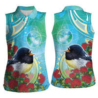 New Zealand Tomtit Women Sleeveless Polo Shirt Maori Koru With Pohutukawa Galaxy Style - Polynesian Pride
