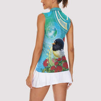 New Zealand Tomtit Women Sleeveless Polo Shirt Maori Koru With Pohutukawa Galaxy Style - Polynesian Pride