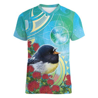 New Zealand Tomtit Women V-Neck T-Shirt Maori Koru With Pohutukawa Galaxy Style LT05 Female Aqua - Polynesian Pride