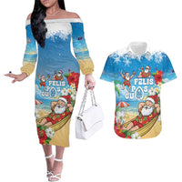 Guam Christmas Couples Matching Off The Shoulder Long Sleeve Dress and Hawaiian Shirt Felis Pasgua Chilling Santa LT05 Blue - Polynesian Pride