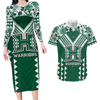 Custom Hawaii Football Couples Matching Long Sleeve Bodycon Dress and Hawaiian Shirt Rainbow Warriors Tropical Vibes LT05 Green - Polynesian Pride