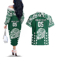Custom Hawaii Football Couples Matching Off The Shoulder Long Sleeve Dress and Hawaiian Shirt Rainbow Warriors Tropical Vibes - Polynesian Pride
