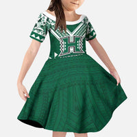 Custom Hawaii Football Family Matching Off Shoulder Short Dress and Hawaiian Shirt Rainbow Warriors Tropical Vibes LT05 Daughter's Dress Green - Polynesian Pride