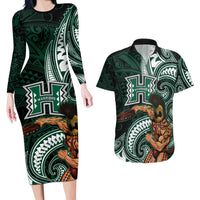 Hawaii Ikaika Warrior Football Couples Matching Long Sleeve Bodycon Dress and Hawaiian Shirt Polynesian Tribal Tattoo LT05 Black - Polynesian Pride