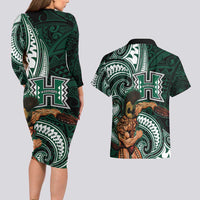 Hawaii Ikaika Warrior Football Couples Matching Long Sleeve Bodycon Dress and Hawaiian Shirt Polynesian Tribal Tattoo - Polynesian Pride