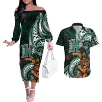Hawaii Ikaika Warrior Football Couples Matching Off The Shoulder Long Sleeve Dress and Hawaiian Shirt Polynesian Tribal Tattoo LT05 Black - Polynesian Pride