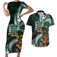 Hawaii Ikaika Warrior Football Couples Matching Short Sleeve Bodycon Dress and Hawaiian Shirt Polynesian Tribal Tattoo LT05 Black - Polynesian Pride