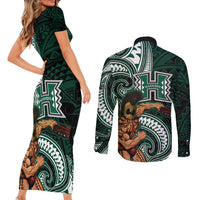 Hawaii Ikaika Warrior Football Couples Matching Short Sleeve Bodycon Dress and Long Sleeve Button Shirt Polynesian Tribal Tattoo - Polynesian Pride