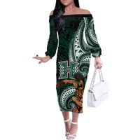 Hawaii Ikaika Warrior Football Family Matching Off The Shoulder Long Sleeve Dress and Hawaiian Shirt Polynesian Tribal Tattoo LT05 Mom's Dress Black - Polynesian Pride