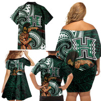Hawaii Ikaika Warrior Football Family Matching Off Shoulder Short Dress and Hawaiian Shirt Polynesian Tribal Tattoo LT05 - Polynesian Pride
