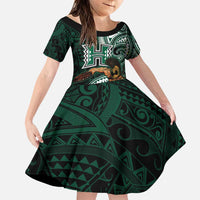 Hawaii Ikaika Warrior Football Family Matching Puletasi and Hawaiian Shirt Polynesian Tribal Tattoo LT05 Daughter's Dress Black - Polynesian Pride