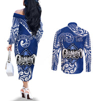 Personalised Hafa Adai Guam History and Chamorro Heritage Day Couples Matching Off The Shoulder Long Sleeve Dress and Long Sleeve Button Shirt Blue Latte Stone LT05 - Polynesian Pride