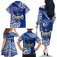 Personalised Hafa Adai Guam History and Chamorro Heritage Day Family Matching Off Shoulder Long Sleeve Dress and Hawaiian Shirt Blue Latte Stone LT05 - Polynesian Pride