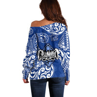 Personalised Hafa Adai Guam History and Chamorro Heritage Day Off Shoulder Sweater Blue Latte Stone LT05 - Polynesian Pride