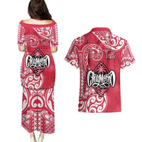 Personalised Hafa Adai Guam History and Chamorro Heritage Day Couples Matching Puletasi Dress and Hawaiian Shirt Red Latte Stone LT05 - Polynesian Pride
