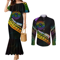 Personalised LGBT History Month Couples Matching Mermaid Dress and Long Sleeve Button Shirt Proud And Happy Polynesian Dolphin LT05 Black - Polynesian Pride