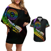 Personalised LGBT History Month Couples Matching Off Shoulder Short Dress and Hawaiian Shirt Proud And Happy Polynesian Dolphin LT05 Black - Polynesian Pride