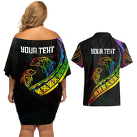 Personalised LGBT History Month Couples Matching Off Shoulder Short Dress and Hawaiian Shirt Proud And Happy Polynesian Dolphin LT05 - Polynesian Pride