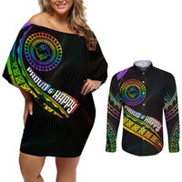 Personalised LGBT History Month Couples Matching Off Shoulder Short Dress and Long Sleeve Button Shirt Proud And Happy Polynesian Dolphin LT05 Black - Polynesian Pride