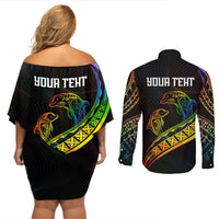 Personalised LGBT History Month Couples Matching Off Shoulder Short Dress and Long Sleeve Button Shirt Proud And Happy Polynesian Dolphin LT05 - Polynesian Pride
