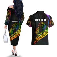 Personalised LGBT History Month Couples Matching Off The Shoulder Long Sleeve Dress and Hawaiian Shirt Proud And Happy Polynesian Dolphin LT05 - Polynesian Pride