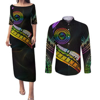 Personalised LGBT History Month Couples Matching Puletasi Dress and Long Sleeve Button Shirt Proud And Happy Polynesian Dolphin LT05 Black - Polynesian Pride