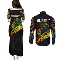 Personalised LGBT History Month Couples Matching Puletasi Dress and Long Sleeve Button Shirt Proud And Happy Polynesian Dolphin LT05 - Polynesian Pride
