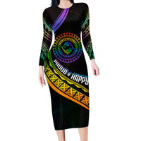 Personalised LGBT History Month Family Matching Long Sleeve Bodycon Dress and Hawaiian Shirt Proud And Happy Polynesian Dolphin LT05 Mom's Dress Black - Polynesian Pride