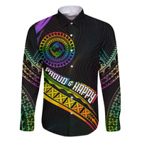 Personalised LGBT History Month Family Matching Puletasi Dress and Hawaiian Shirt Proud And Happy Polynesian Dolphin LT05 Dad's Shirt - Long Sleeve Black - Polynesian Pride