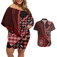 New Zealand Aotearoa Couples Matching Off Shoulder Short Dress and Hawaiian Shirt Maori Harakeke Weaving Pattern Red LT05 Red - Polynesian Pride