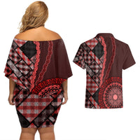 New Zealand Aotearoa Couples Matching Off Shoulder Short Dress and Hawaiian Shirt Maori Harakeke Weaving Pattern Red LT05 - Polynesian Pride