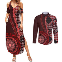 New Zealand Aotearoa Couples Matching Summer Maxi Dress and Long Sleeve Button Shirt Maori Harakeke Weaving Pattern Red LT05 Red - Polynesian Pride