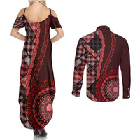 New Zealand Aotearoa Couples Matching Summer Maxi Dress and Long Sleeve Button Shirt Maori Harakeke Weaving Pattern Red LT05 - Polynesian Pride