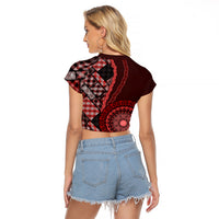 New Zealand Aotearoa Raglan Cropped T Shirt Maori Harakeke Weaving Pattern Red LT05 - Polynesian Pride