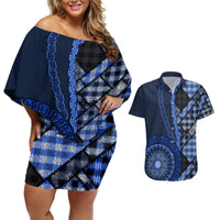 New Zealand Aotearoa Couples Matching Off Shoulder Short Dress and Hawaiian Shirt Maori Harakeke Weaving Pattern Blue LT05 Blue - Polynesian Pride