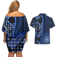 New Zealand Aotearoa Couples Matching Off Shoulder Short Dress and Hawaiian Shirt Maori Harakeke Weaving Pattern Blue LT05 - Polynesian Pride