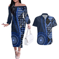 New Zealand Aotearoa Couples Matching Off The Shoulder Long Sleeve Dress and Hawaiian Shirt Maori Harakeke Weaving Pattern Blue LT05 Blue - Polynesian Pride