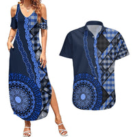 New Zealand Aotearoa Couples Matching Summer Maxi Dress and Hawaiian Shirt Maori Harakeke Weaving Pattern Blue LT05 Blue - Polynesian Pride