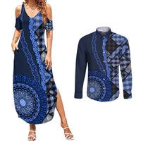 New Zealand Aotearoa Couples Matching Summer Maxi Dress and Long Sleeve Button Shirt Maori Harakeke Weaving Pattern Blue LT05 Blue - Polynesian Pride