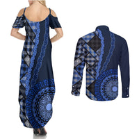 New Zealand Aotearoa Couples Matching Summer Maxi Dress and Long Sleeve Button Shirt Maori Harakeke Weaving Pattern Blue LT05 - Polynesian Pride