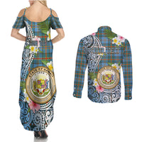 Personalised Hawaii State Couples Matching Summer Maxi Dress and Long Sleeve Button Shirt Tropical Flowers With Tartan Pattern LT05 - Polynesian Pride