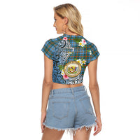 Personalised Hawaii State Raglan Cropped T Shirt Tropical Flowers With Tartan Pattern LT05 - Polynesian Pride
