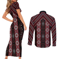 New Zealand Aotearoa Couples Matching Short Sleeve Bodycon Dress and Long Sleeve Button Shirt Red Poutama With Taniko Pattern LT05