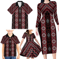 New Zealand Aotearoa Family Matching Long Sleeve Bodycon Dress and Hawaiian Shirt Red Poutama With Taniko Pattern LT05 - Polynesian Pride