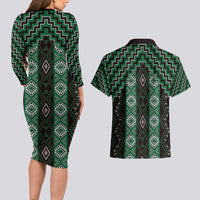 New Zealand Aotearoa Couples Matching Long Sleeve Bodycon Dress and Hawaiian Shirt Green Poutama With Taniko Pattern LT05