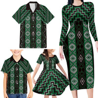 New Zealand Aotearoa Family Matching Long Sleeve Bodycon Dress and Hawaiian Shirt Green Poutama With Taniko Pattern LT05 - Polynesian Pride