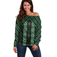 New Zealand Aotearoa Off Shoulder Sweater Green Poutama With Taniko Pattern LT05