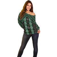 New Zealand Aotearoa Off Shoulder Sweater Green Poutama With Taniko Pattern LT05